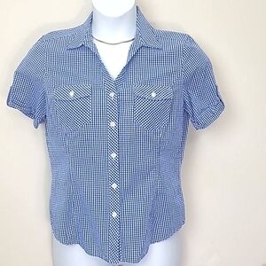 Button blouse Plaid Blue white gingham cuffed short sleeve  pockets Cottagecore